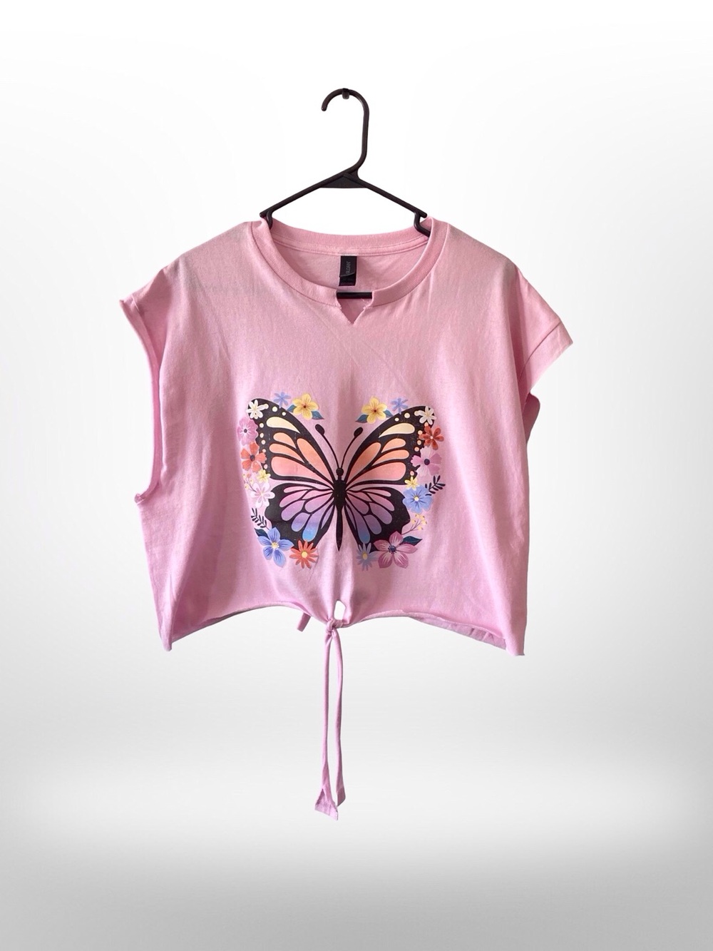 Handmade Butterfly Tie Front Back Pink Crop Tee L Adjustable